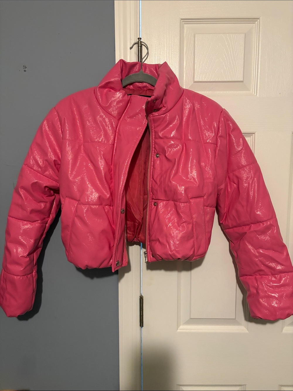 Ambiance Shiny Hot Pink Cropped Puffer Jacket